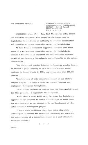Statement: House vote on legislation to establish authority to oversee construction and operation of Philadelphia Convention Center
