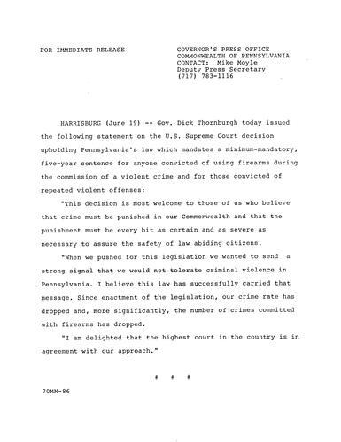 Statement: U.S. Supreme Court decision upholds PA's law which mandates minimum-mandatory, five-year sentence for anyone convicted of using firearms during commission of a violent crime