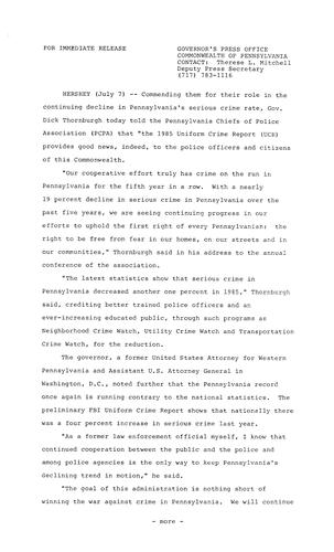 Remarks: PA Chiefs of Police Association re. 1985 Uniform Crime Report