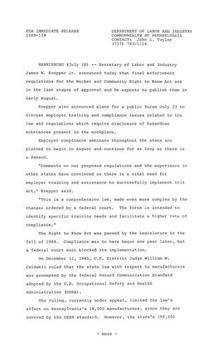 Secretary of Labor and Industry James W. Knepper Jr. announces final enforcement regulations for worker and community Right to Know Act