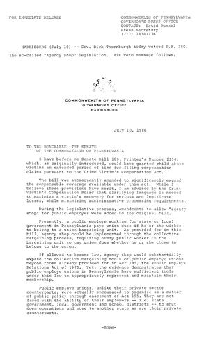 VETO: S.B. 180, "Agency Shop" legislation