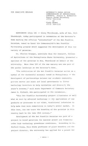 Ginny Thornburgh participates in ceremonies to officially introduce Ben Franklin Geranium