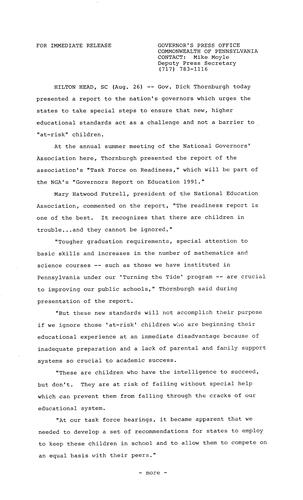 Presents report to National Governors Association (NGA) urging states to take special steps to ensure new higher educational standards for "at-risk" children