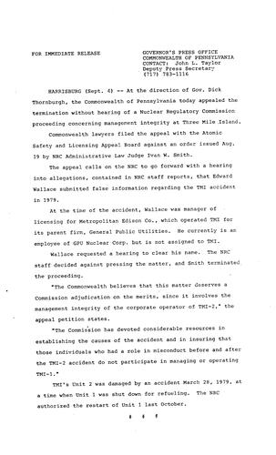 Appeals termination without hearing of NRC proceeding concerning management integrity at Three Mile Island (TMI)