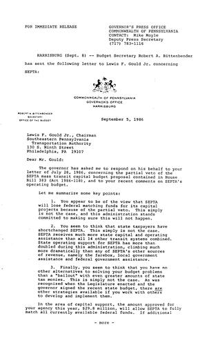 Budget Secretary Robert Bittenbender letter to Lewis F. Gould, Jr., re. SEPTA