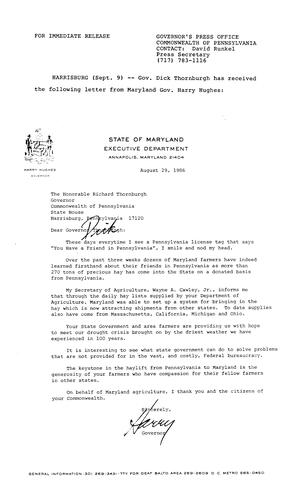 Letter from Maryland Governor Harry Hughes re. PA donated hay