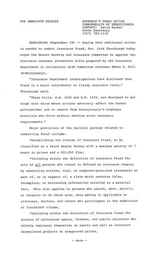 Urges Senate Banking and Insurance Committee to approve two insurance consumer protection bills