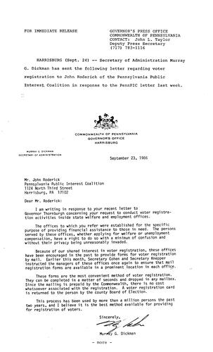Administration Secretary Murray G. Dickman letter to John Roderick, PA Public Interest Coalition re. Penn PIC letter