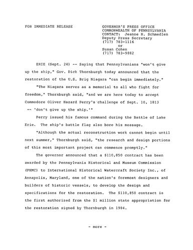 $110,850 PA Historical and Museum Commission Contract for restoration of U.S. Brig Niagara