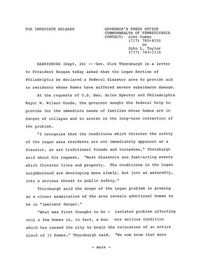 Letter to President Reagan re. Logan section of Philadelphia