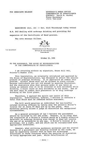 VETO: H.B. 843 dealing with underage drinking and the Certificate of Need Process