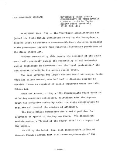 Thornburgh Administration joins State Ethics Commission in urging PA Supreme Court to reverse Common Court decision exempting state government lawyers from financial disclosure provisions of the State Ethics Act