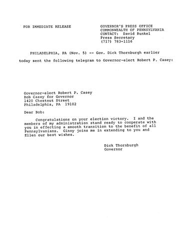 Telegram to Governor-elect Robert P. Casey