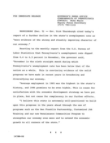 Cites report of further decline in state's unemployment rate as "more evidence of the strong and steadily improving character of our economy"