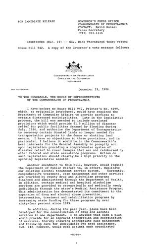 VETO: H.B. 942, drug and alcohol services