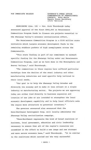 Announces approval of first $900,000 in Renaissance Communities Program funds to finance six projects essential to Shenango Valley's revitalization