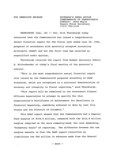 Commonwealth issues annual financial report for fiscal year ending June 30, 1986, prepared in accordance with generally accepted accounting principles (GAAP)