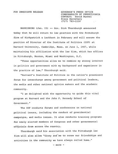 Governor Thornburgh announces future plans