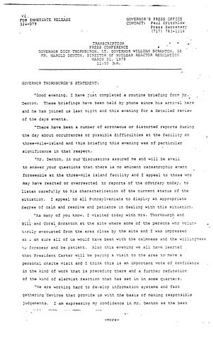 Governor Thornburgh, Lieutenant Governor Scranton, and Harold Denton, Director of Nuclear Reactor Regulation, regarding Three Mile Island (TMI), 11pm