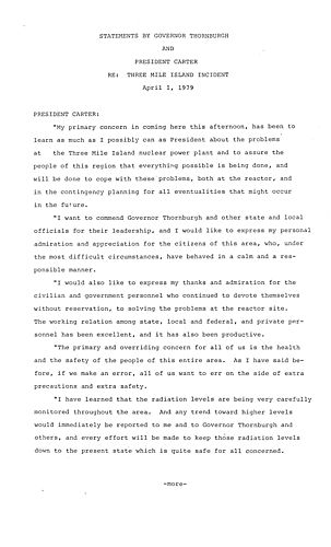 Statements by Governor Thornburgh and President Carter re Three Mile Island (TMI)