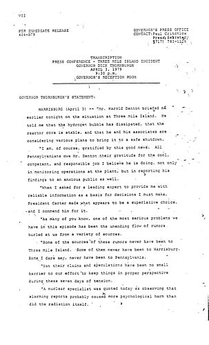 Governor Thornburgh regarding Three Mile Island (TMI), 9:30 pm, Harrisburg, PA