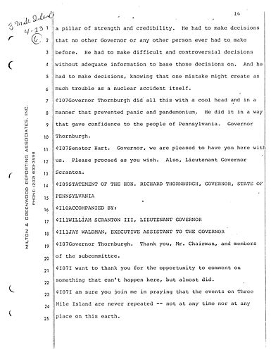 Governor before the U.S. Subcommittee on Nuclear Regulations regarding Three Mile Island (TMI), Washington, DC