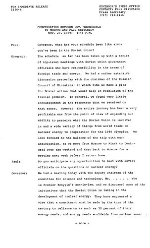 Telephone conversation between Governor Thornburgh in Moscow and Paul Critchlow,