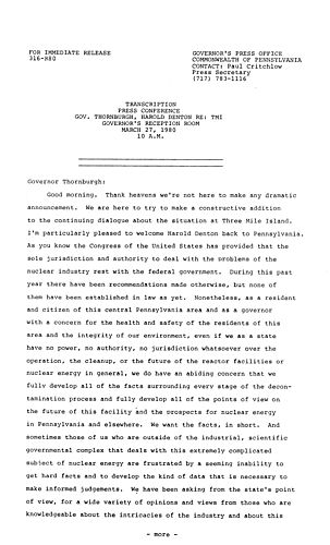 News conference with Harold Denton regarding Three Mile Island (TMI), Harrisburg, PA,