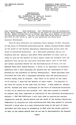 News conference regarding Three Mile Island (TMI) with Dr. Henry W. Kendall & Robert D. Pollard of Union of Concerned Scientists, Harrisburg, PA,