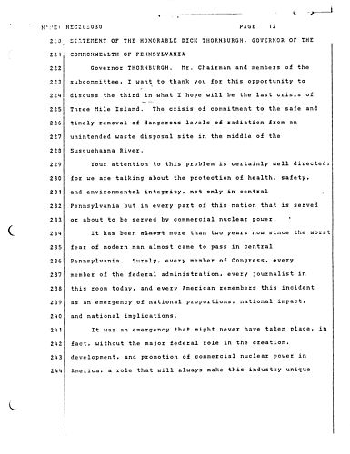 Thornburgh before the Subcommittee on Energy Conservation and Power regarding Three Mile Island (TMI),