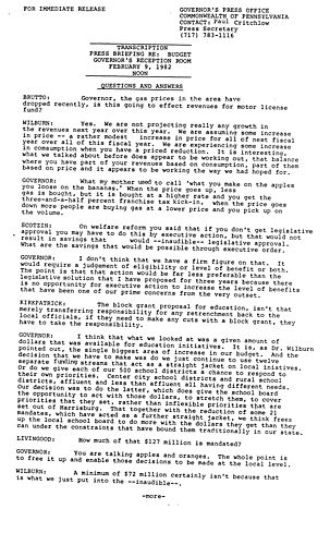 News conference regarding 1982-1983 Budget, Harrisburg, PA