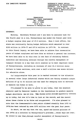 News conference regarding 1981-1982 Budget surplus, Harrisburg, PA