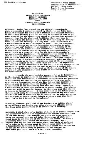 News conference regarding Saturn, Detroit, MI