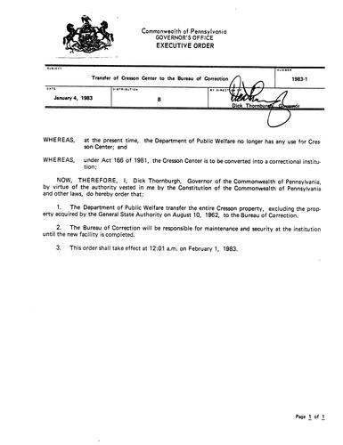 1983-1: Transfer of Cresson Center to the Bureau of Correction,