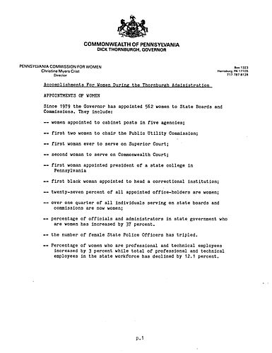 "Accomplishments for Women During the Thornburgh Administration," Pennsylvania Commission for Women, during time period 1979-1986,