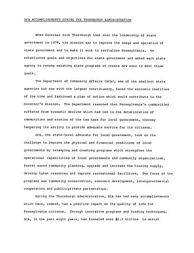 "Department of Community Affairs (DCA) Accomplishments during the Thornburgh Administration," during time period 1979-1986,