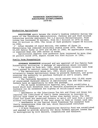 "Thornburgh Administration, Agriculture Accomplishments, 1979-1986",