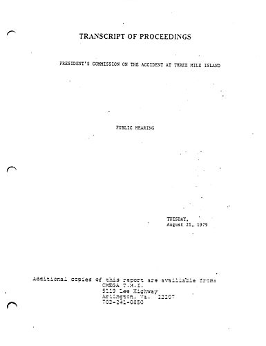 Governor Thornburgh's testimony and transcript of proceedings, Public Hearing of President's Commission on the Accident at Three Mile Island (TMI)
