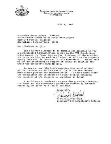 Administration report to House Select Committee on Three Mile Island (TMI) regarding Three Mile Island (TMI) resolutions