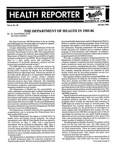 "The Department of Health in 1985-86," Health Reporter, Vol. 6, No. 10