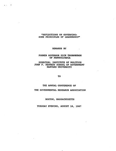 "Reflections on Governing: Some Principles of Leadership," Annual Conference of Governmental Research Association, Boston, MA