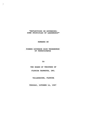 "Reflections on Governing: Some Principles of Leadership," Board of Trustees of Florida Taxwatch, Inc., Tallahassee, FL