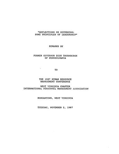 "Reflections on Governing: Some Principles on Leadership," 1987 Human Resource Management Conference, West Virginia Chapter International Personnel Management Association, Morgantown, WV