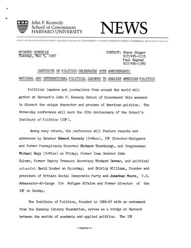 Institute of Politics celebrates 20th anniversary: national and international political leaders to analyze American politics