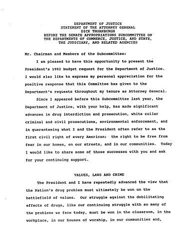 Committee on Appropriations, Subcommittee on the Departments of Commerce, Justice, and State, the Judiciary and Related Agencies, U.S. Senate, concerning Department of Justice Appropriations, Washington, DC