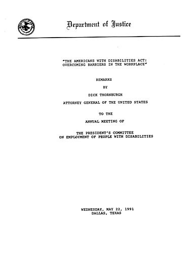 "The Americans with Disabilities Act (ADA): Overcoming Barriers in the Workplace," Annual Meeting of the President's Committee on Employment of People with Disabilities, Dallas, TX
