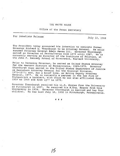 President Reagan announces intent to nominate Thornburgh as Attorney General (AG), succeeding Edwin Meese (White House News Release)