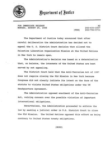 Department of Justice (DOJ) announces administration decided not to appeal decision that allowed Palestine Liberation Organization (PLO) mission at the UN in NY to remain open