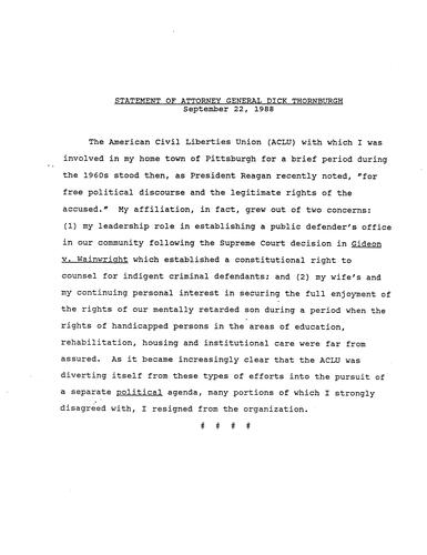 AG Thornburgh's statement on American Civil Liberties Union (ACLU)