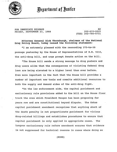 AG Thornburgh statement regarding H.R. 5210, Anti-drug bill